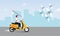 Businessman chasing flying money with his yellow scooter vector illustration