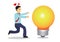 Businessman chasing after a giant light bulb. Concept of idea sourcing, innovation or creative thinking