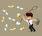 Businessman chasing money bulb bank flying