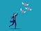 Businessman chasing a target flying away from him. Failing goals and finding goals. business concept