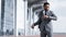 Businessman Checking Time Looking At Wristwatch Standing At Airport, Panorama