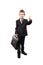 Businessman child boy holding briefcase gesturing thumb up success sign