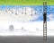 Businessman climb on wood ladder between two inverted world