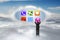 businessman climbing ladder to cloud getting music icon with cloudscape