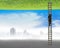 Businessman climbing on ladder between two inverted world