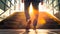 Businessman climbing stairs with sunlight ahead. Business person, professional-looking entrepreneur with legs and shoes close up