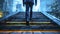 businessman climbs illuminated stairs amidst the blue-hued skyscrapers of a contemporary urban setting at dusk.