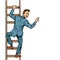 Businessman climbs stairs, man points to copy space