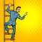 Businessman climbs stairs, man points to copy space