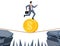 Businessman on coin walking on rope