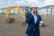 businessman construction investor with phone. businessman construction investor