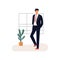 businessman cool standing front of window and plant tiny people vector flat illustration