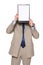 Businessman covering his face with whiteboard