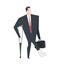 Businessman with crutch in plaster leg. Boss is broken leg. Office life vector illustration.