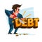Businessman cutting debt icon with his saw. cut down your debt concept - illustration