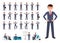 Businessman in dark blue suit cartoon character. Vector illustration of person working in office.