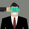 Businessman with dollar banknote taped to eyes