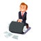 Businessman dragging huge briefcase full of papers