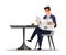 Businessman drink coffee cafe during work break. Vector man company employee character sitting at table reading daily