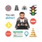 Businessman drive a car. Set of road symbols and driver character