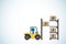 Businessman drive forklift to putting box on shelf, business concept