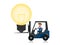 Businessman driving forklift loaded with big light bulb idea. Creative idea concept.