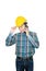 Businessman engineer talk command with cell phone with 5g network, high-speed mobile Internet. and wear wear yellow safety helmet