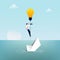 Businessman escapes from sinking paper boat by light bulb symbol. Business concept vector illustration