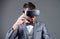 Businessman explore virtual reality. Digital technology for business. Business man virtual reality. Modern gadget