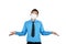 Businessman with face mask shows confused gesture