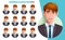 Businessman facial expressions vector set. Business man character in smiling, laughing, serious and angry face emotions for male.