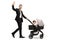 Businessman father in a suit pushing a buggy with a baby and waving