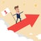 Businessman with the flag of the championship riding the arrow. Investment financial and success concept. Vector Illustration