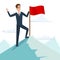 Businessman with flag on a Mountain peak, success and mission