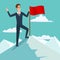 Businessman with flag on Mountain peak, success and mission