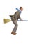 The businessman flies over air on a broom