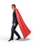 A businessman in a flowing red cape stepping on an invisible ladder. Moving forward.