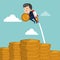 Businessman flying jetpack with coin