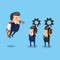 Businessman flying jetpack leading teamwork