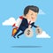 Businessman flying jetpack with money bags