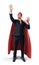 A businessman in a formal suit and superhero cape manipulating invisible digital screen objects.