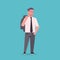 Businessman in formal wear holding jacket on shoulders standing pose smiling male cartoon character business man office