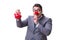 Businessman funny with red nose holding a piggy bank isolated on