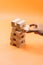 Businessman gambling placing wooden block on a tower