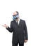 Businessman with gas mask waiting for something falls above