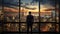 Businessman Gazing at Cityscape Splendor Through Sunlit Windows. Generative AI