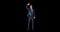 Businessman gesturing against black background