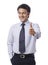 Businessman gesturing and smiling