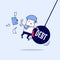 Businessman getting pushed by huge pendulum with message debt. Cartoon character thin line style vector.