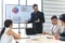 Businessman Giving Presentation Report to Business Team in the Conference Room, Shows Digital Information Graphics, Pie Charts